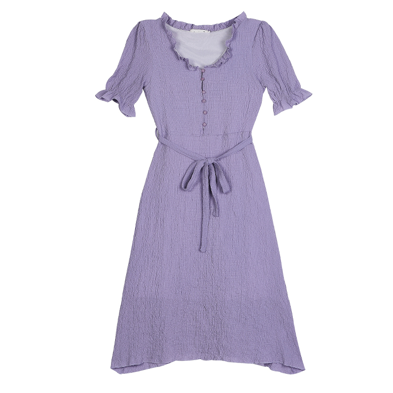 Dress Women's Solid A Line Summer Medium-Length es Purple Vestidos Vintage Puff Short Sleeve Midi Women 9828 210508
