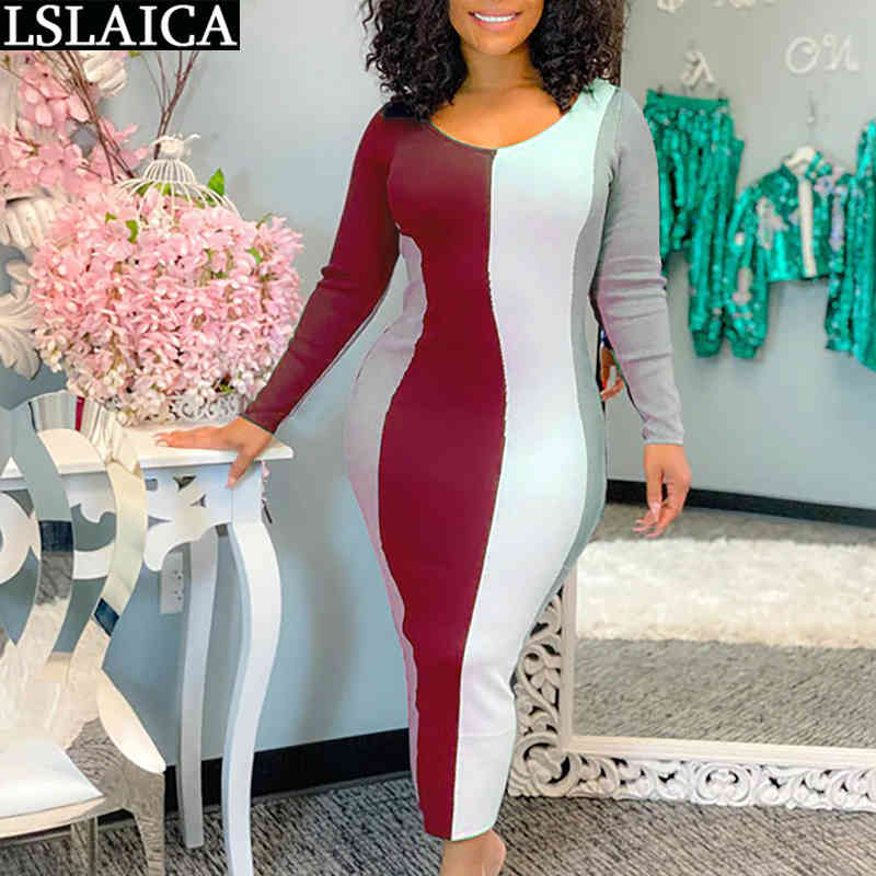 Fashion Woman Dress Patchwork O Neck Straight Sleeve Maxi Dresses for Women Skinny Sexy Streetwear Party Vestido De Mujer 210515