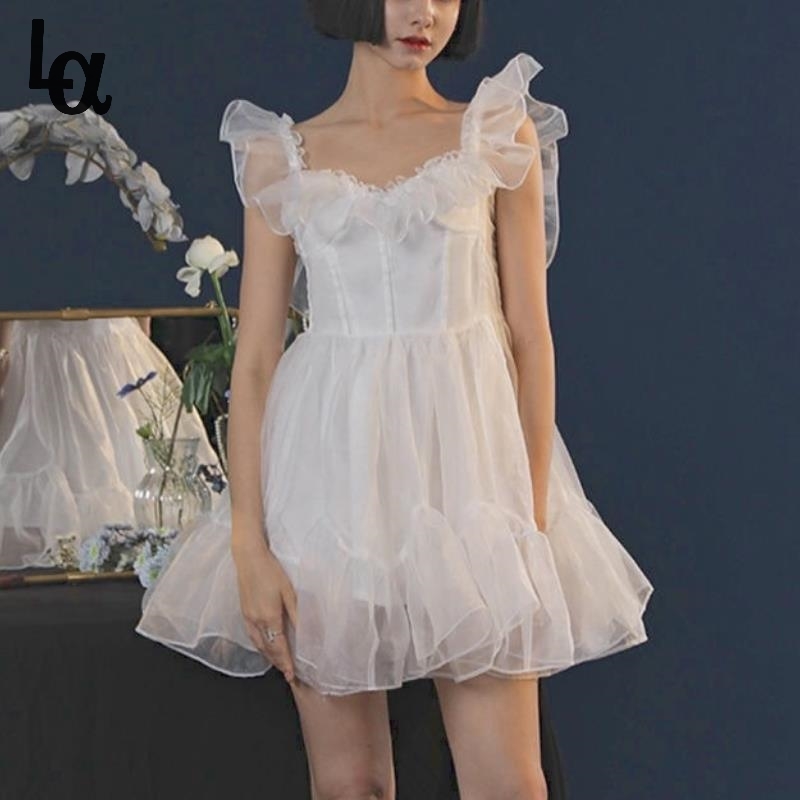 Summer Kawaii Fairy Dress Women Vintage Elegant Sweet Strap Mini Dresses Backless Ruffle White Cute Lolita 210519 
Summer Kawaii Fairy Dress Women Vintage Elegant Sweet Strap Mini Dresses Backless Ruffle White Cute Lolita 210519