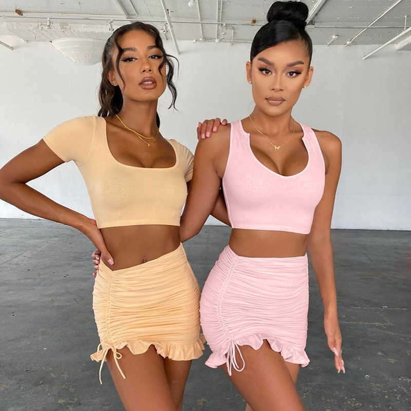 Colysmo Mini Skirts Two Piece Set Women Sleeveless Crop Tops Ruffles Drawstring Pleat Ruched Bodycon Sets Summer 2 210527