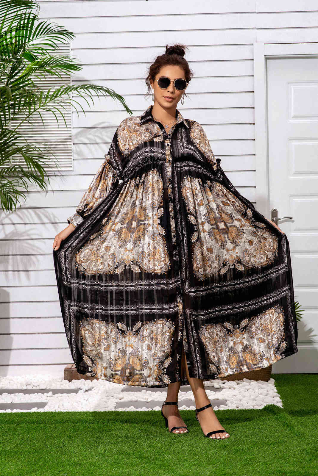 Original Gold Silk Thread Chiffon Printing Long Lantern Sleeves Lace Loose Bohemian Turn Down Collar Shirt Dresses Two Wear 210615Z