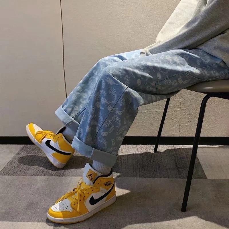 Men's Jeans Cashew Flower Black Straight Denim Trousers Loose Spring And Autumn Korean Fashion Baggy Pants Wide-leg