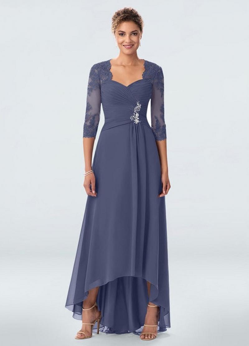 Custom Made Plus Size Chiffon Mother of the Bride Groom Dresses Wedding Party Gowns Lace Hi Lo 3/4 Long Sleeves Fashion Godmother