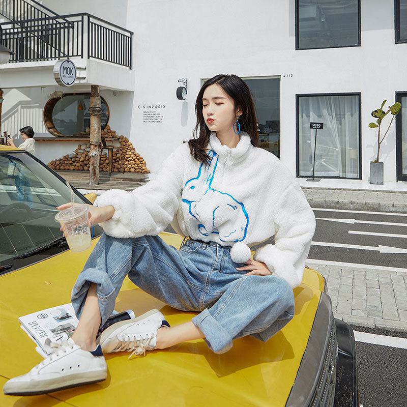 Cropped Sweatshirt Women White Rabbit Animal Print Fur Hoodie Loose Zipper Neck Fuzzy Winter Crop Top 210427