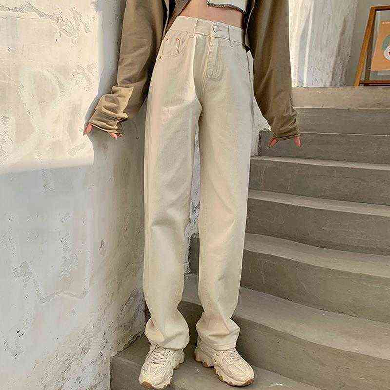 High Waist Spring Fashion Jean Pants Beige Wide Leg Straight Harajuku Streetwear Casual Trousers Jean Femme 211112