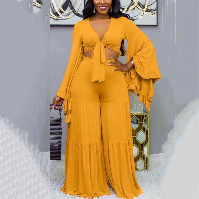 Sets Womens Outfits Summer Crop Tops & Flare Pants Yellow High Waist Floor Length Fashion Sexy Evening Night Club Wear 210510