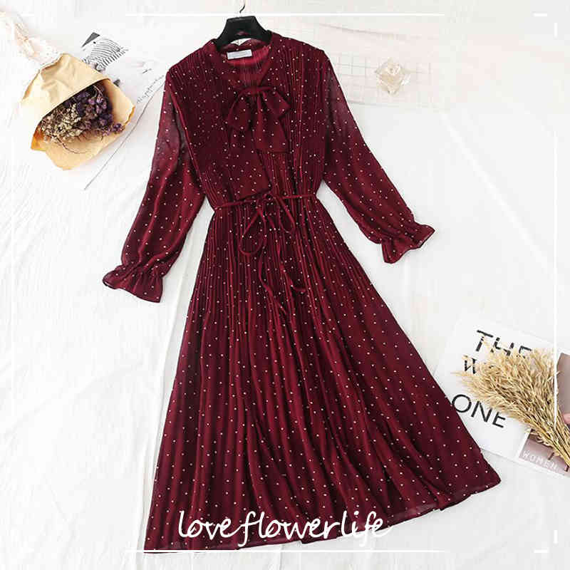 Polka Dot Elegant Women Dress Casual Flare Sleeve Long Party Dress Bow Dot Print Pleated Chiffon Dresses Vintage Vestido 210521, Red wine
Polka Dot Elegant Women Dress Casual Flare Sleeve Long Party Dress Bow Dot Print Pleated Chiffon Dresses Vintage Vestido 210521, Red wine