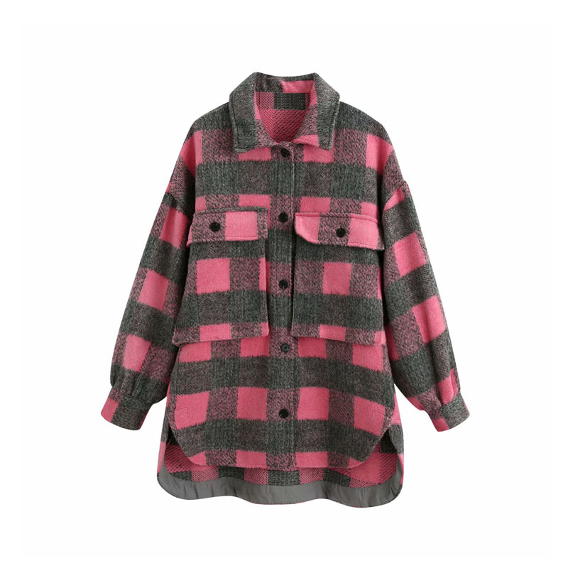 Lapel Long Sleeve Single-breasted Plaid Fashion Women's Jacket Korean Style Loose Retro Warm Double Pocket Chic Female Coat Tops 210507