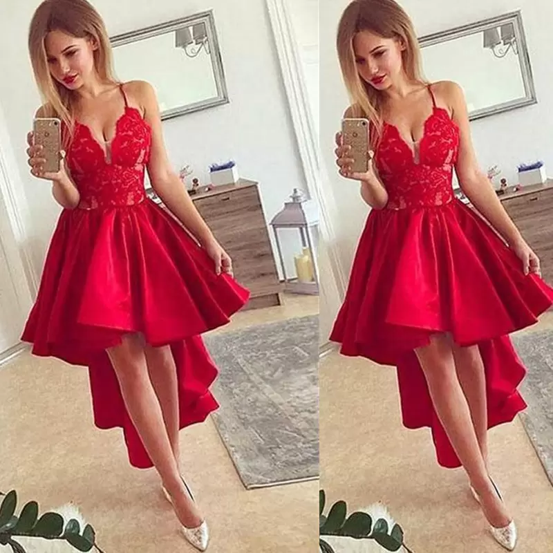 Red Prom Dresses Lace Satin 2022 High Low Spaghetti Straps A e Custom Made Evening Party Gowns Plus Size Vestidos Formal Tail Gown