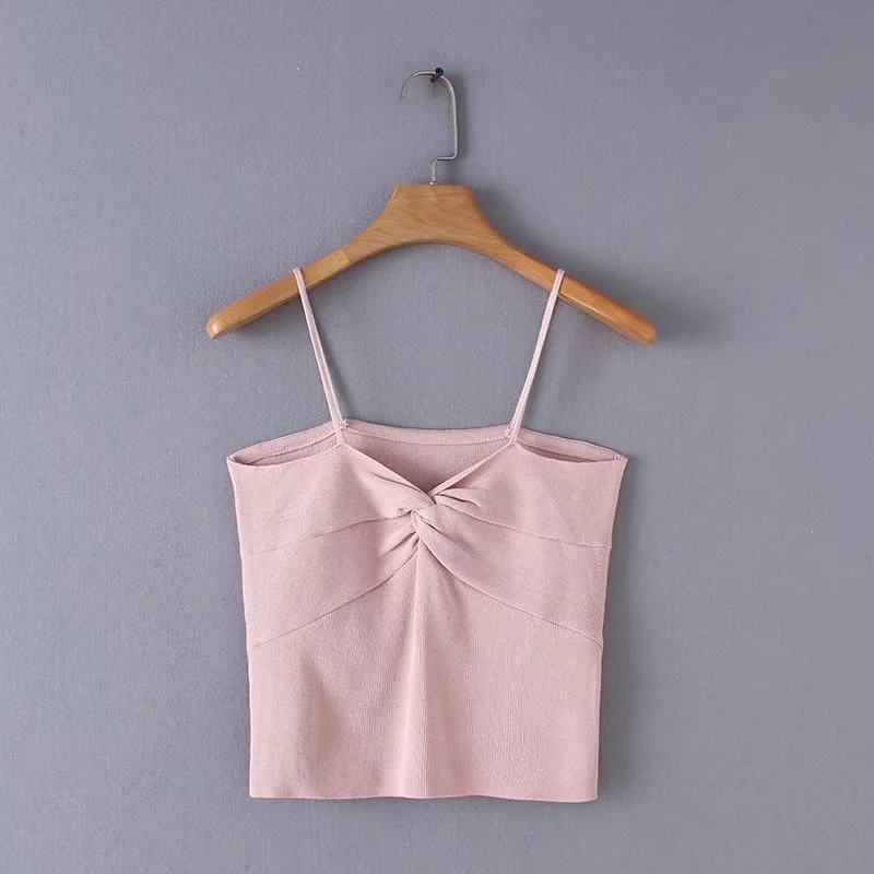 Women Knotted Fold Knitting Sling T shirt Casual Lady Sexy Short Tops Fashion Feminina Solid Color T-shirt T1059 210430Z