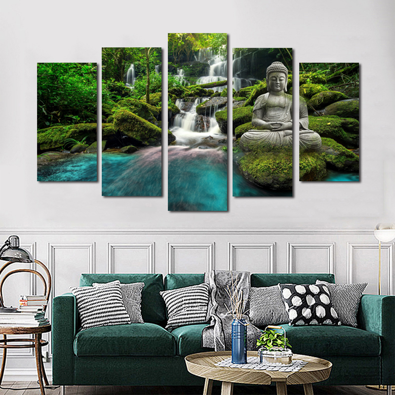 5 Panels Waterfall Buddha Posters And Prints Canvas Painting Big Size Wall Art Pictures For Living Room Landscape Home Decor