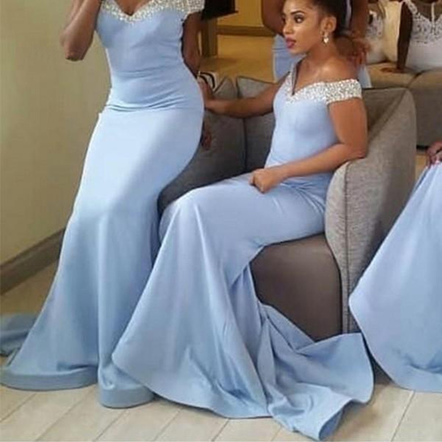 Light Sky Blue African Bridesmaid Dresses Mermaid Satin Sparkle Crystals Maid Of Honor Gowns Off Shoulder Wedding Guest Dress