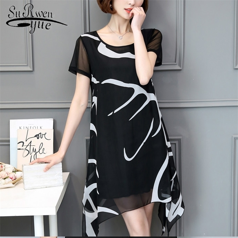 Fashion Plus Size 5XL Women Dress Casual Loose Print Stripe Chiffon Dress Black O-neck A-line Dress Women's Clothing 62B 30 210409