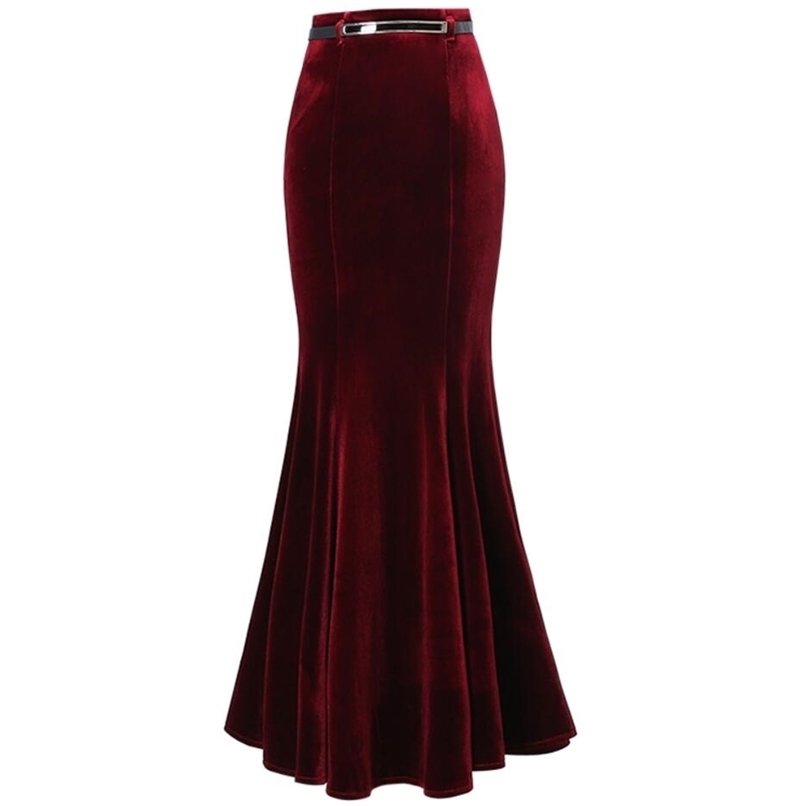 plus size 5XL! Autumn Vintage Velvet Black Maxi Long Mermaid Skirt Fashion Women Elegant Velour Skirts With Belt 210619