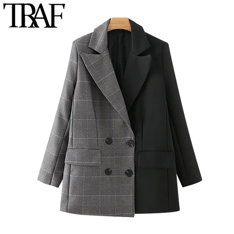 TRAF Women Fashion Double Breasted Patchwork Blazer Coat Vintage Long Sleeve Pockets Female Outerwear Chic Tops 211122