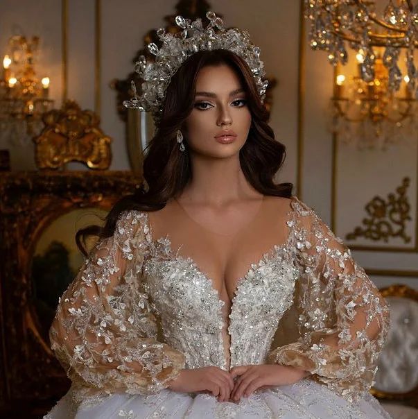 Dubai Vestidos Novia Ball Gown Wedding Dress 2022 Long Sleeve 3D Flower Lace Luxury Bridal Gowns Crystal Beads Bride robes de mariée