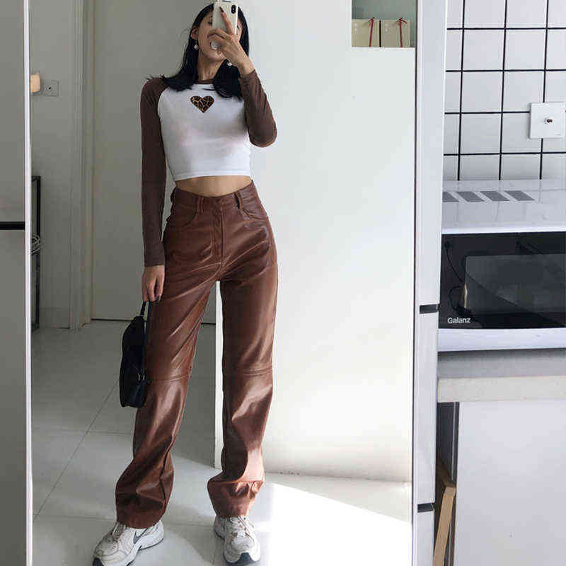 High Waisted PU Leather Pants Women Jogger Casual Fashion Side Pockets Straight Wide Leg Loose Vintage Brown Trousers 211115