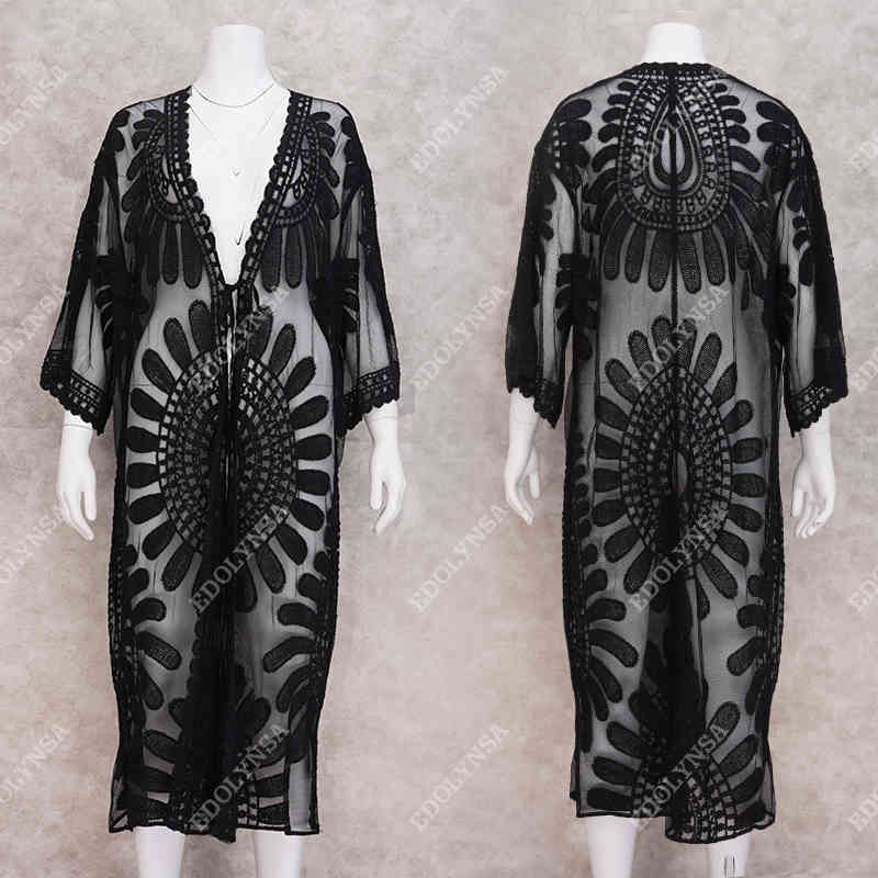 Transparent White Lace Tunic Beach Cover Up Plus Size Women Beachwear Sexy See Through Bikini Cover-Ups Robe de plage Q1020 210420