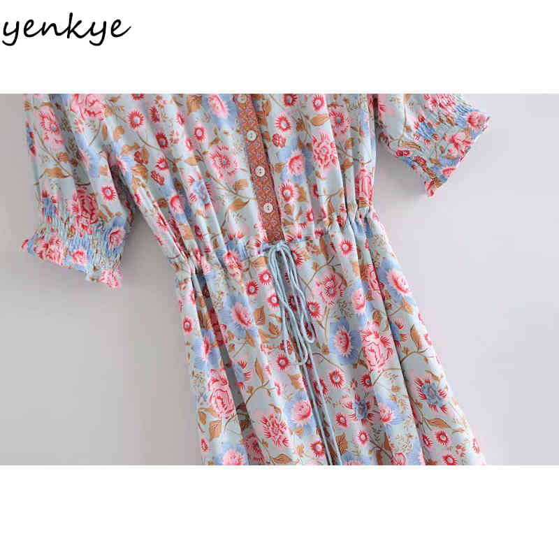 YENKYE Vintage Floral Print Boho Long Dress Women Lace Up V Neck Drawstring Waist A-line Casual Holiday Summer Dress Plus Size 210515