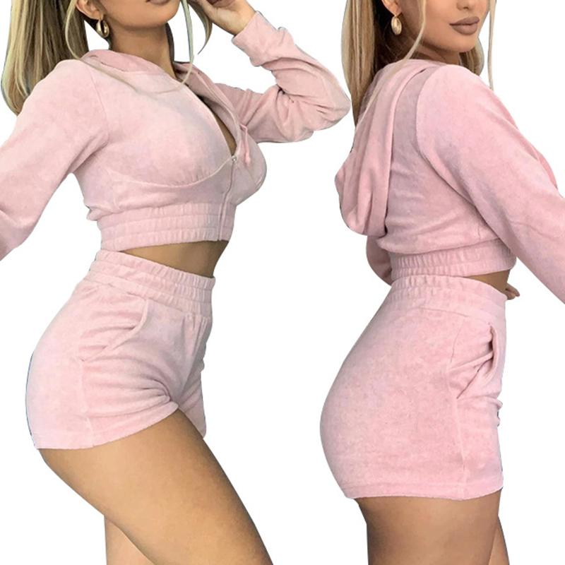 Pcs Women's Solid Color Sporty Casual Sweatsuit Long Sleeve Zipper Sexy Slim Short Hoodies Coat +High Waist Biker Shorts Tracksuits