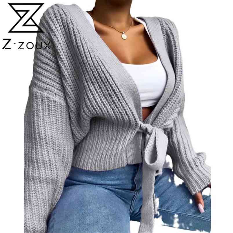 Women Sweater Long Sleeve V Neck Knitted Lace Up Hollow Out Cardigan Loose Tops Autumn Winter Fashion 210513