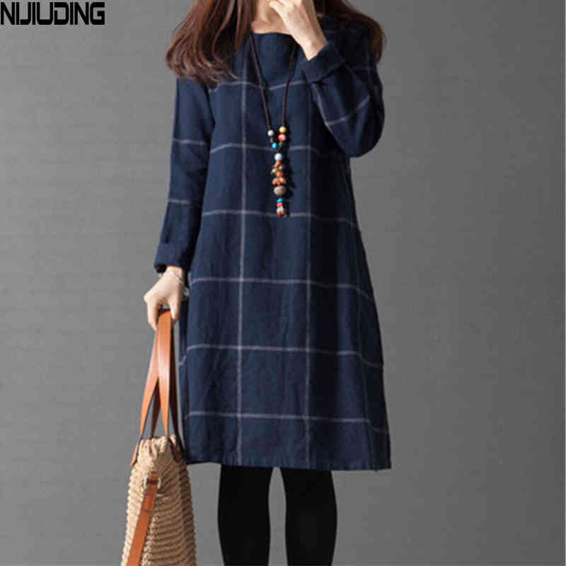 arrival Long Sleeve plaid Loose Cotton Linen Women Dress Spring and Autumn Dreeses Korean style 210514