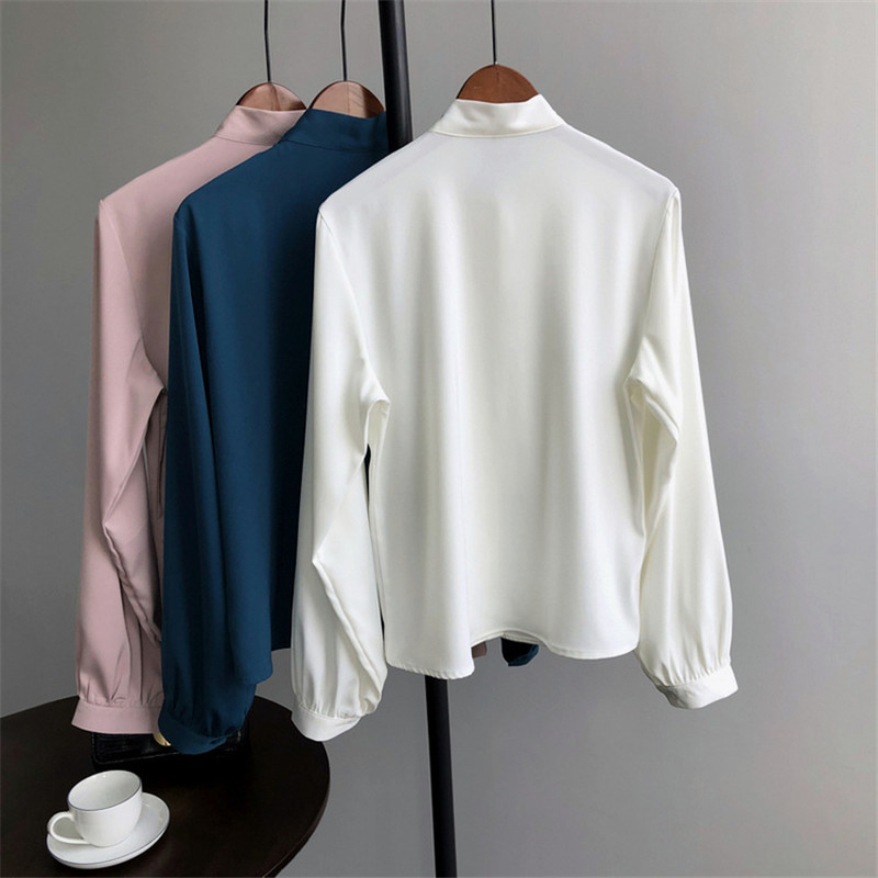 Basic Shirt Women Autumn OL Elegance Chic Chiffon Blouses Long Sleeve Lace Up Bow Collar All Match Loose Shirts 210421