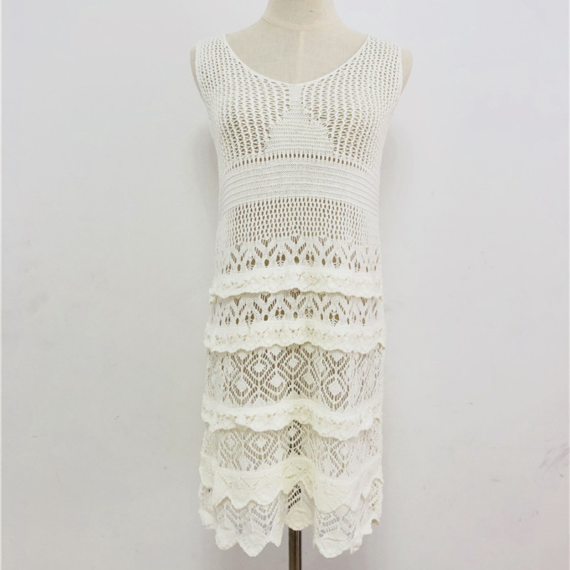 Crochet White Knitted Beach Cover up dress Tunic Pareos Bathing Suit cover Swim cover Robe Plage wear #Q446 210420