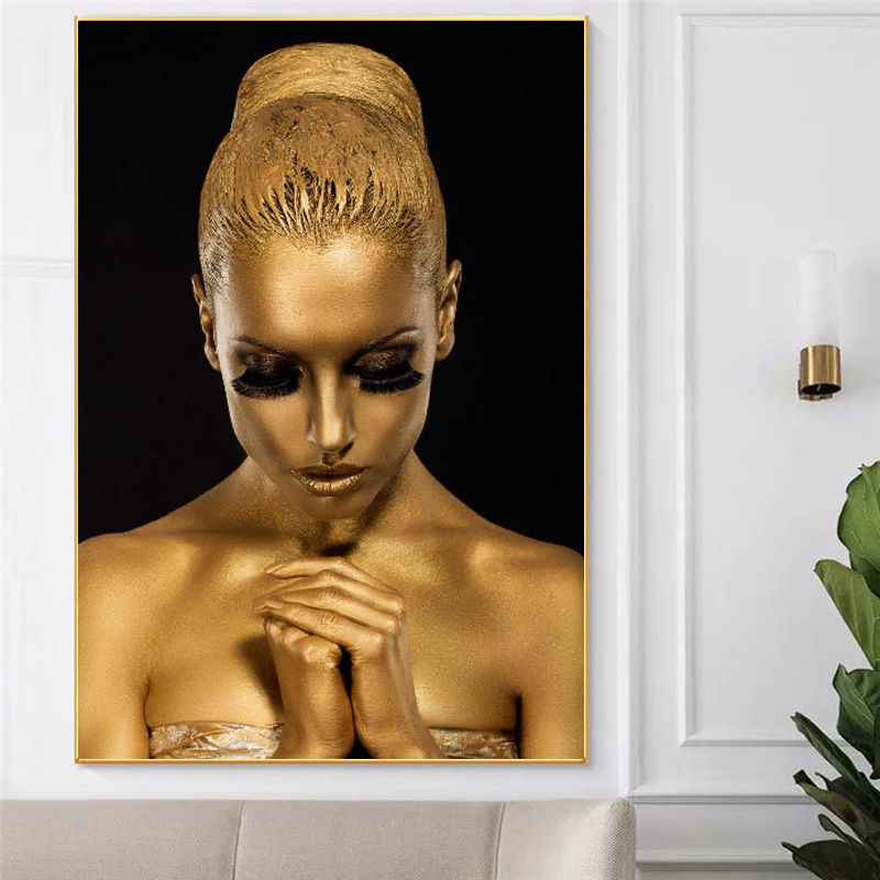 African Golden Woman Poster Wall Art Canvas Painting Abstract Portrait Picture HD Print For Living Room Home Decoration Cuadros