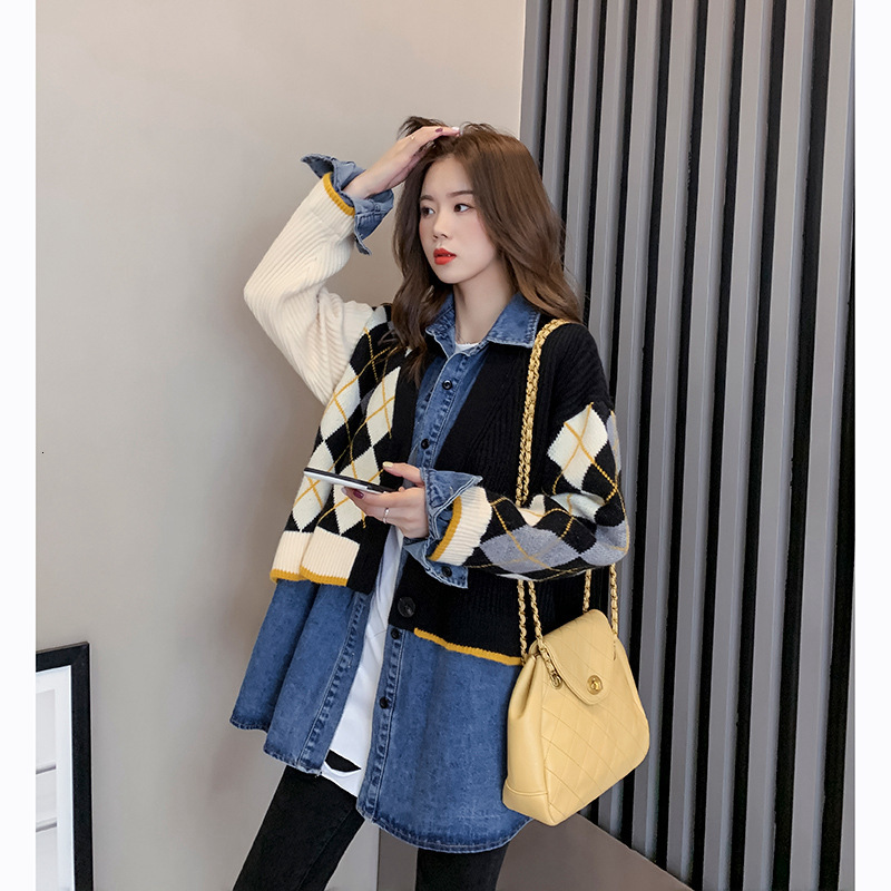 women's jackets superaen jacket korean jeans releases two pieces, female patchwork sweater, retro fashion for fall and winter h5h8, Black;brown
women's jackets superaen jacket korean jeans releases two pieces, female patchwork sweater, retro fashion for fall and winter h5h8, Black;brown