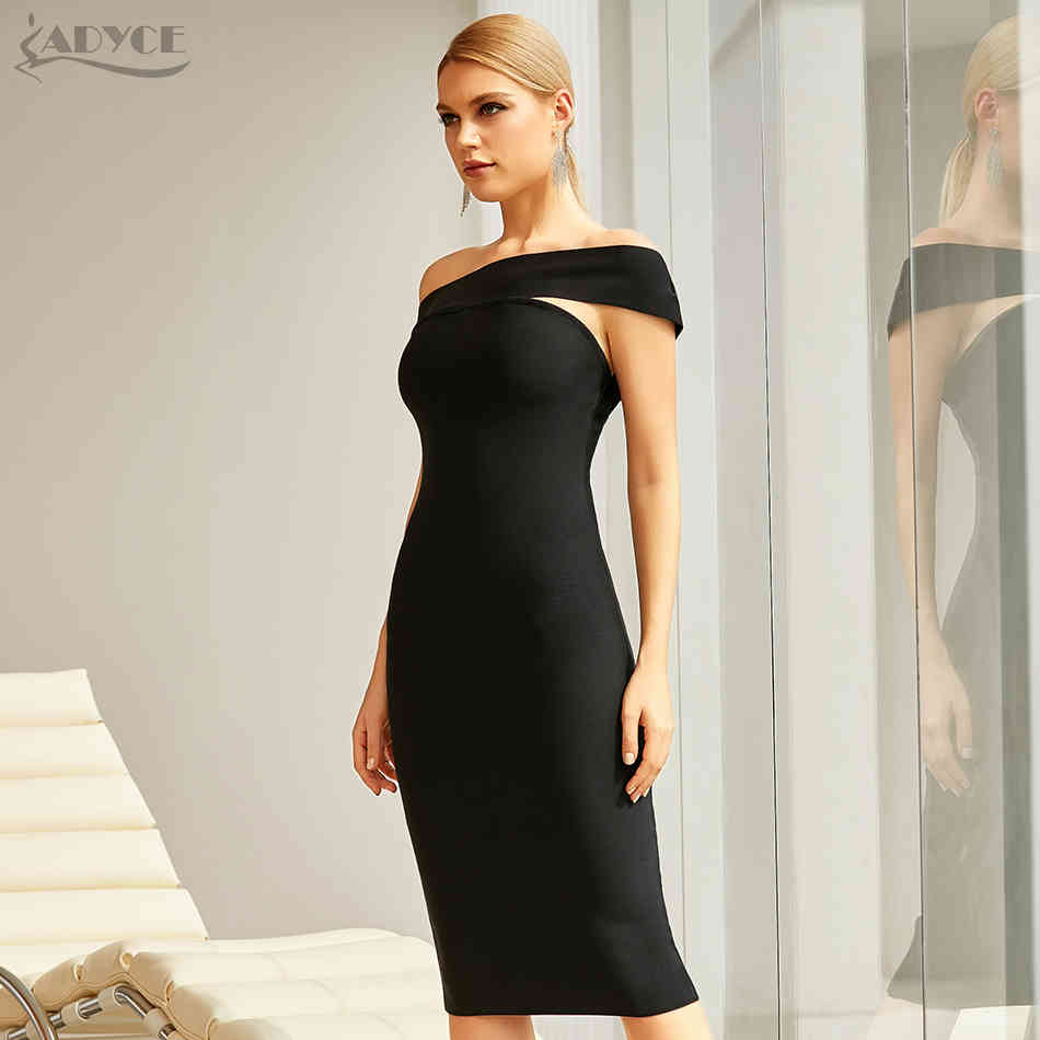 Summer Women Black Off Shoulder Bandage Dress Sexy Short Sleeve Knee Length Celebrity Evening Runway Party 210423