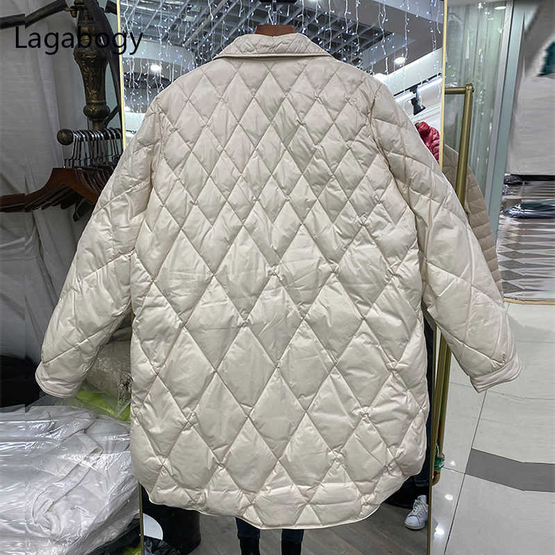 Lagabogy Winter Ultra Light 90% White Duck Down Coat Long Sleeve Warm Parka Female Casual Single Breasted Puffer Jacket 211011