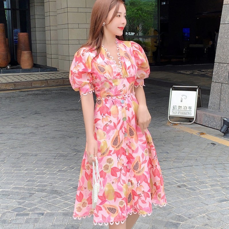 Vintage Summer Sweet Floral Printed V-Neck Single Breasted Puff Sleeve Women Female A-line High Waist Vacation Midi Dress 210519
