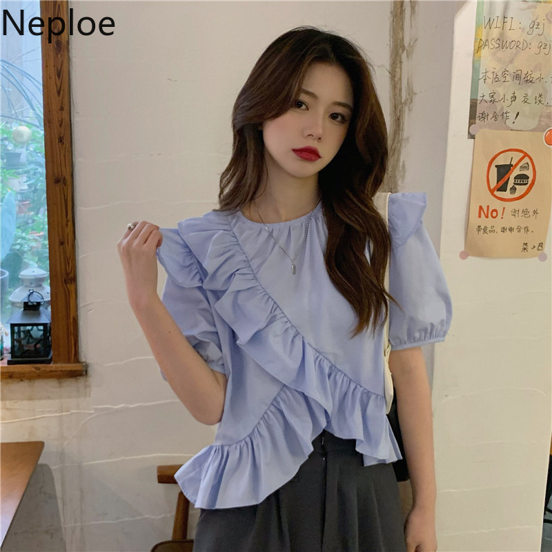 Neploe Ruffles Shirts Women Korean Fashion Blouses Women O-neck Puff Sleeve Blouse Tops Sweet Blusas Mujer De Moda Verano 210422