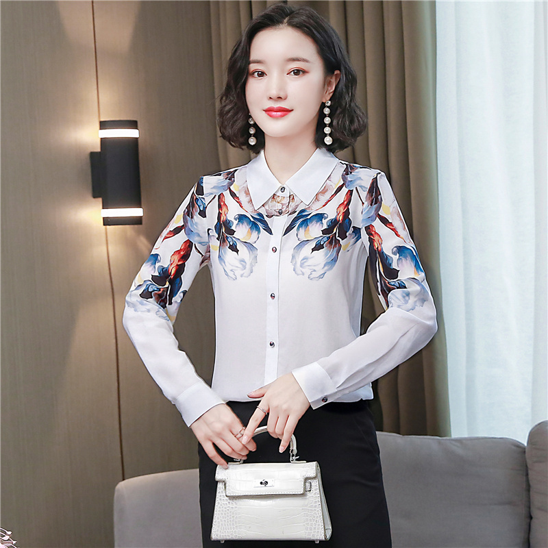 Spring and Autumn White Silk Shirt Women's Long-Sleeved Elegant Retro Printed Mulberry Chemisier Femme 10720 210518