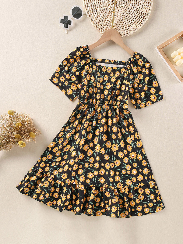 Girls Allover Floral Print Square Neck Ruffle Hem Dress SHE