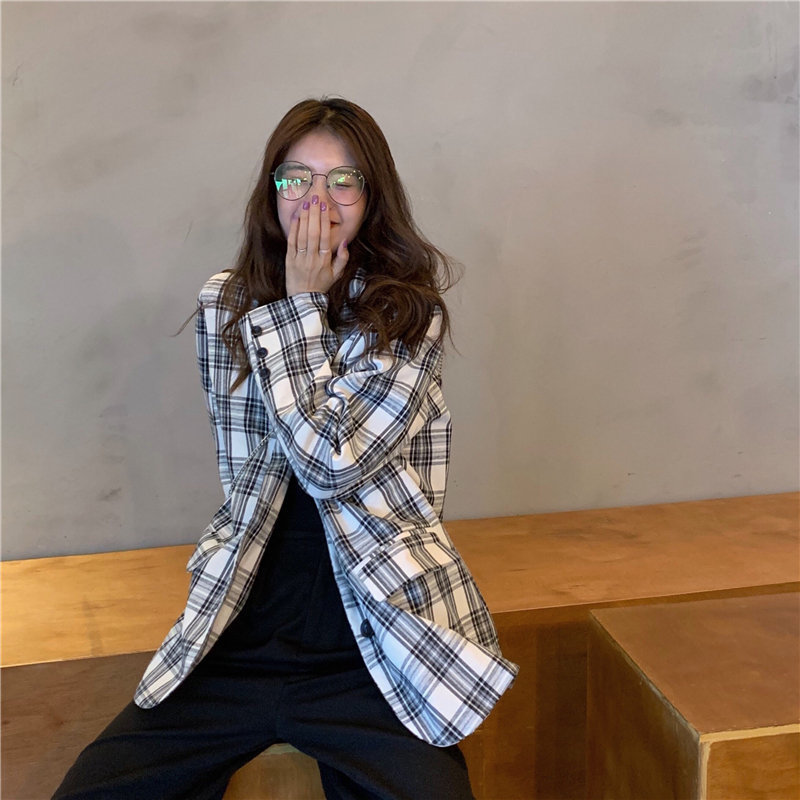 Retro Color-Hit Women Elegant Plaid Office Lady Pockets Geometric Loose High Street Sweet OL Fashion Blazers 210421