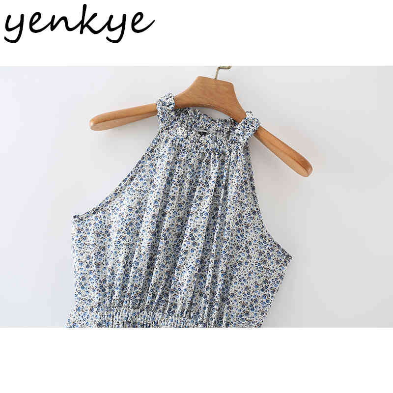 Vintage Floral Print Halter Dress Women Sleeveless Elastic Waist Casual Summer Long Maxi Female Holiday Vestido 210430