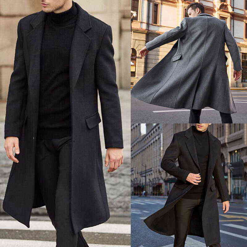 Men Wool & Blends Coat Solid Long Sleeve Jackets Fleece Men Overcoats Streetwear Fashion Long Male Outerwear Trench Woolen Coat 211122