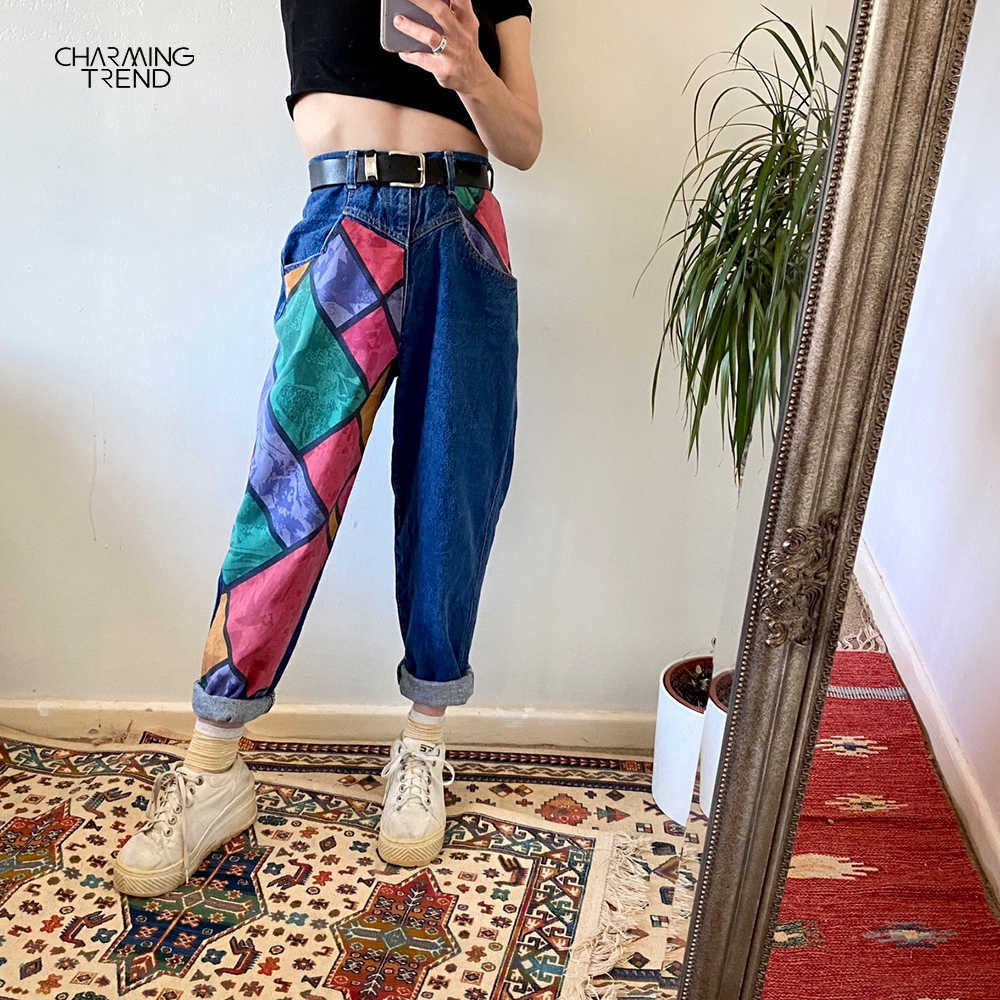 Vintage Boyfriends Jeans Women Denim Standard Loose Pants Retro Printed Patterned 210702