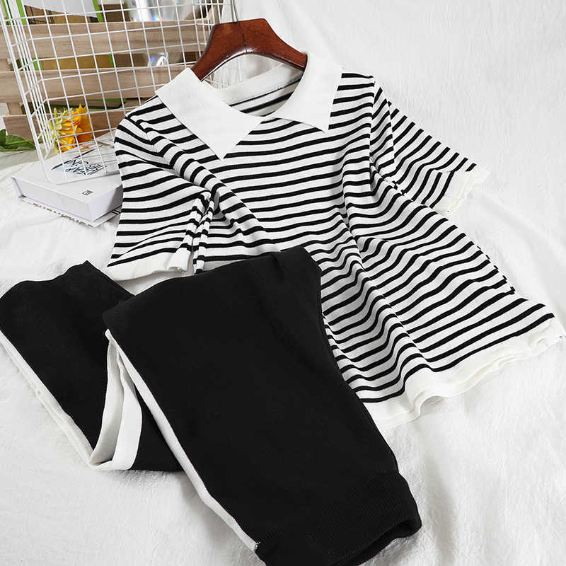 DEAT Women Polo Neck Striped T-shirt Long Pants Arrivals Two Piece Set Casual Fashion Temperament Spring Summer 210709