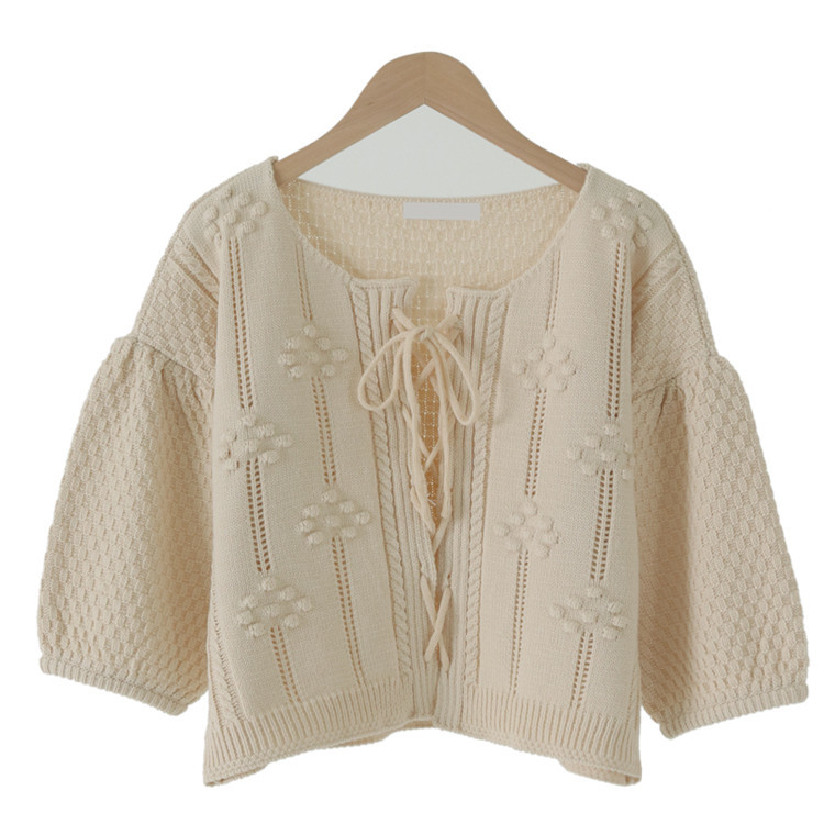 Stereoscopic Balls Knitted Cardigan Sweater Women Puff Sleeve O-neck Lace Up Tops Vintage Korean Fashion Ladies Jumpers 210514