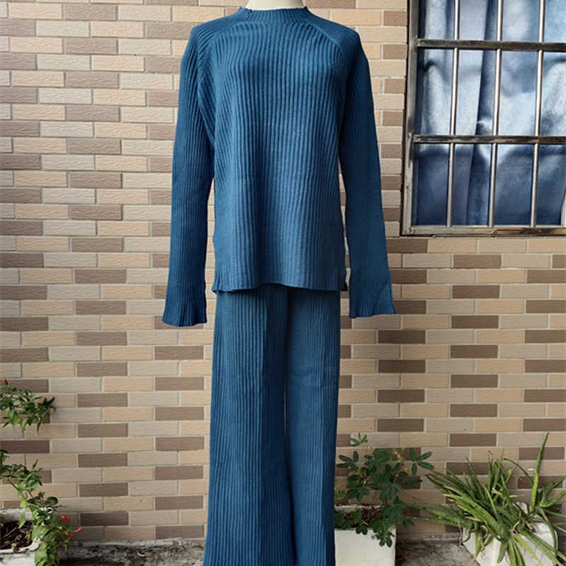 Autumn Winter Outfits Knitted 2 Pieces Set Women Casual Sweater Pullover Top + Wide Leg Pant Set Trousers Womens Suit Plus Size Y0625