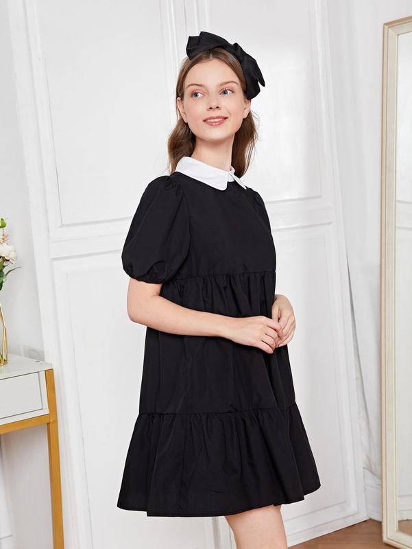 Teen Girls Contrast Collar Ruffle Hem Puff Sleeve Dress SHE