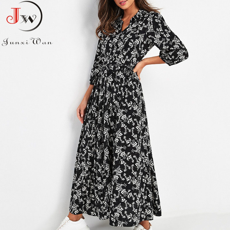 Women Maxi Dress Vintage Floral Print Chiffon Boho Long Dress Turn Down Collar Casual Elegant Shirt Dresses Robe Femme Vestidos 210409