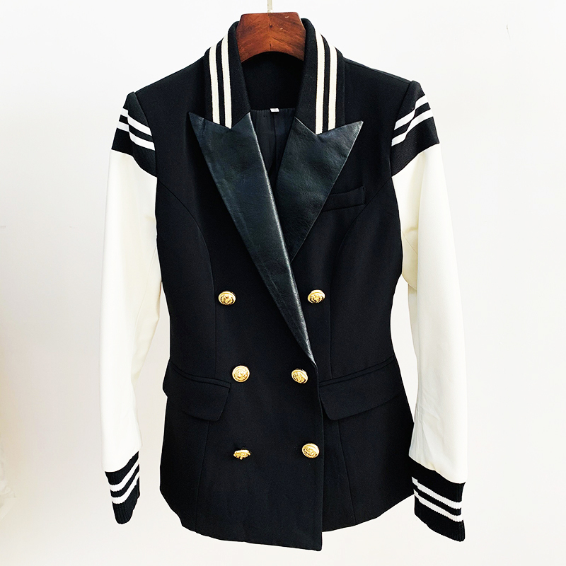 HIGH STREET Fashion Stylish Blazer Varsity Jacket Women's Leather Sleeve Patchwork Lion Buttons Blazer 220308