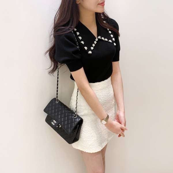 Pearl Beading Knitted T Shirt Tops Women Summer Short Sleeve Turn-down Collar Pullover Solid Slim Korean Fashion Female T-shirt 210514