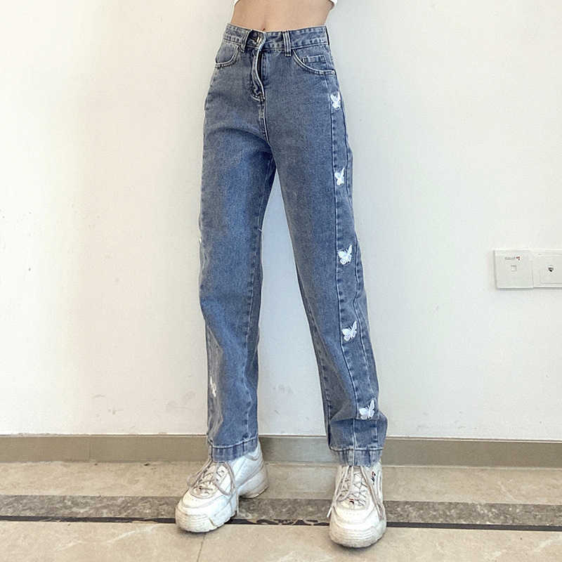 Summer Vintage Jeans Casual Woman Long Trousers Cowboy Female Loose Streetwear Butterfly Pants trousers 210524