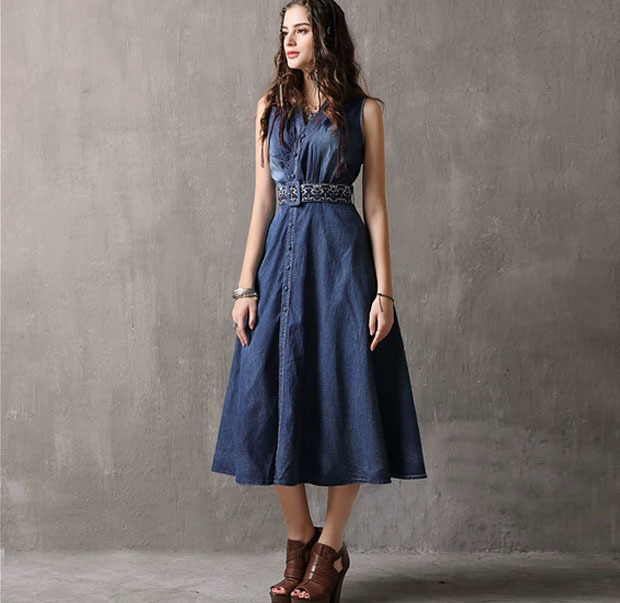 elegant v-neck denim single breasted dress femmal casual daily maxi dresses with belt summervestidos chic plus size 2XL 210421