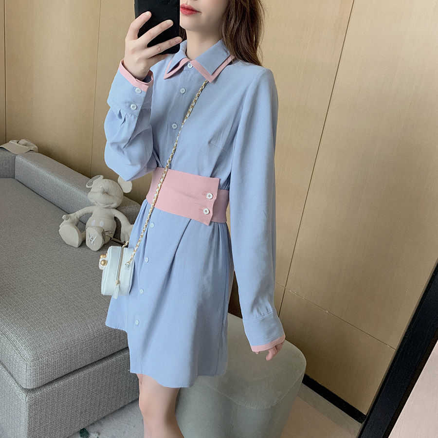 Women's Sprint Autumn Fashion Korean Academy Waist Thin Shirt Dress Lady Vintage Long Sleeve Vestidos De Mujer R206 210527